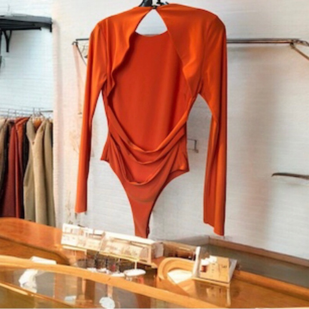 Open-Back Long-Sleeve Bodysuit in Burnt Orange